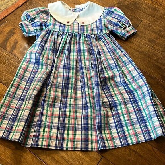 Monday’s Child Blue/Green/Pink Plaid Collared Belted Dress, size 5 - Picture 1 of 10